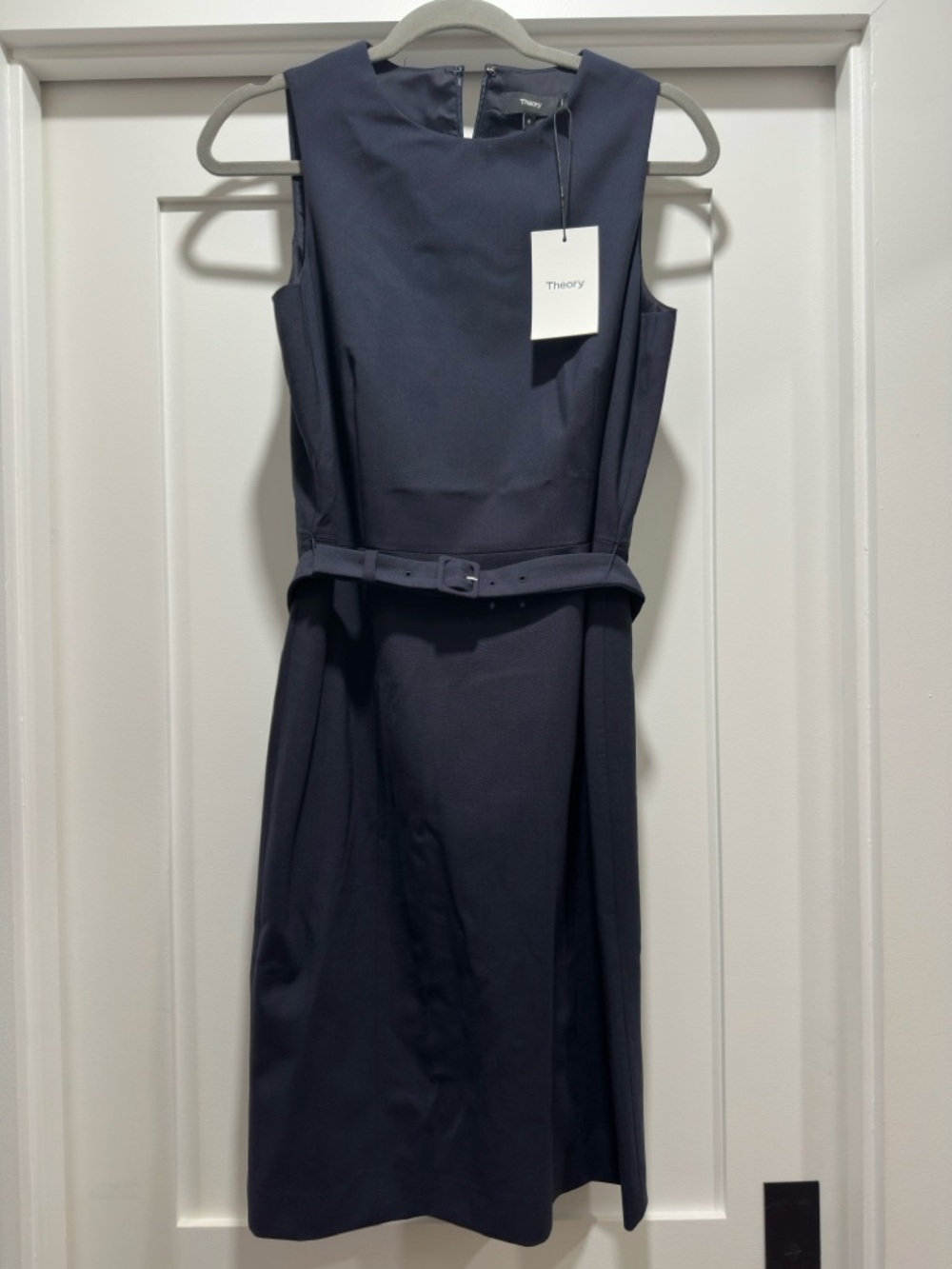 Theory Sleeveless Navy Belted Midi Dress